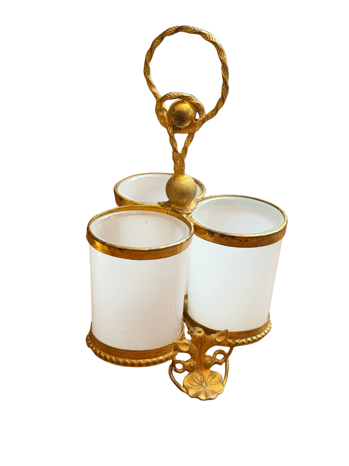 Antique French White Opaline Glass Triple Caddy in Ormolu Mount