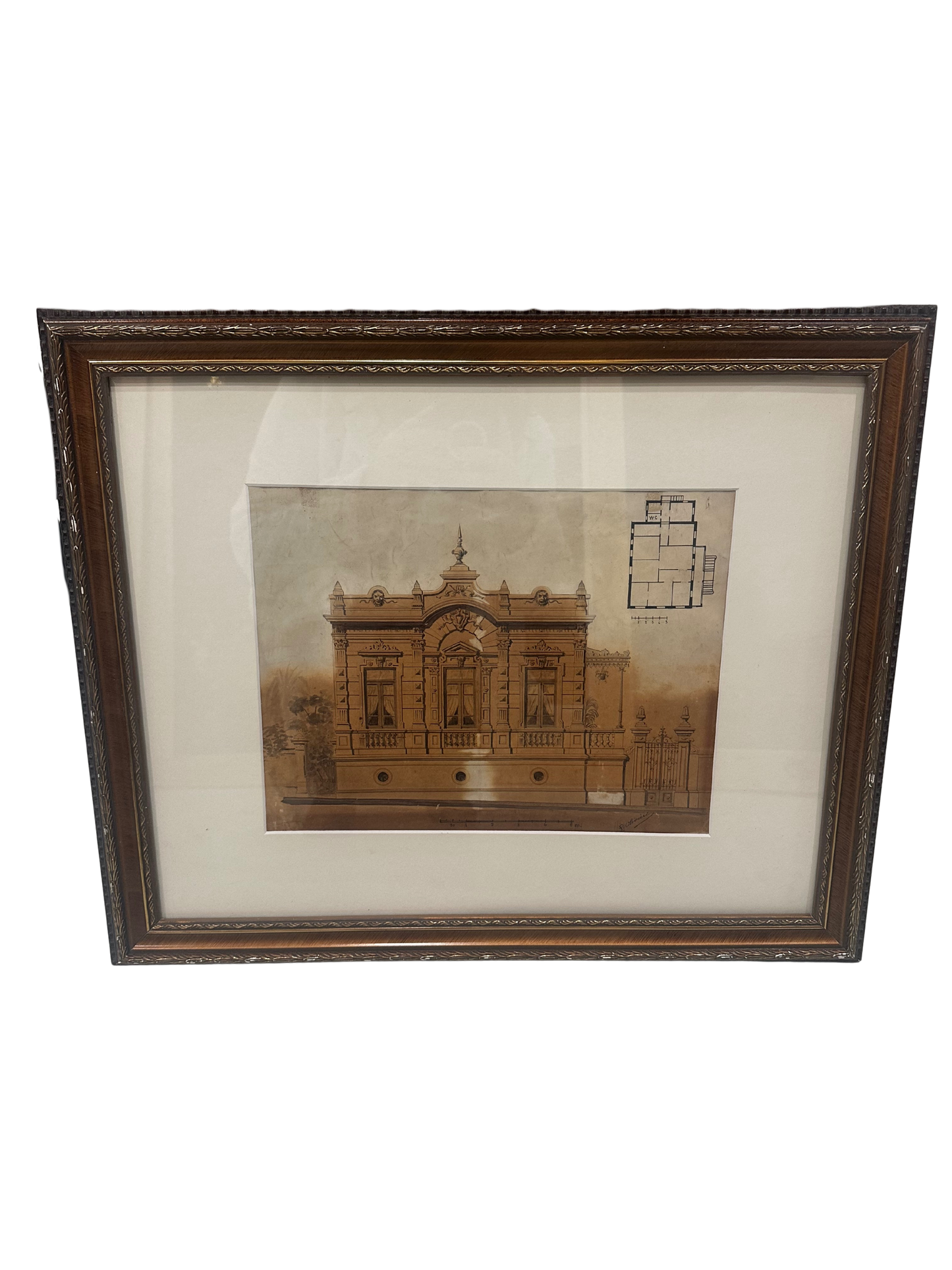 Late 19th C Architectural Watercolor and Ink Rendering with Floor Plan (L Olivieri)