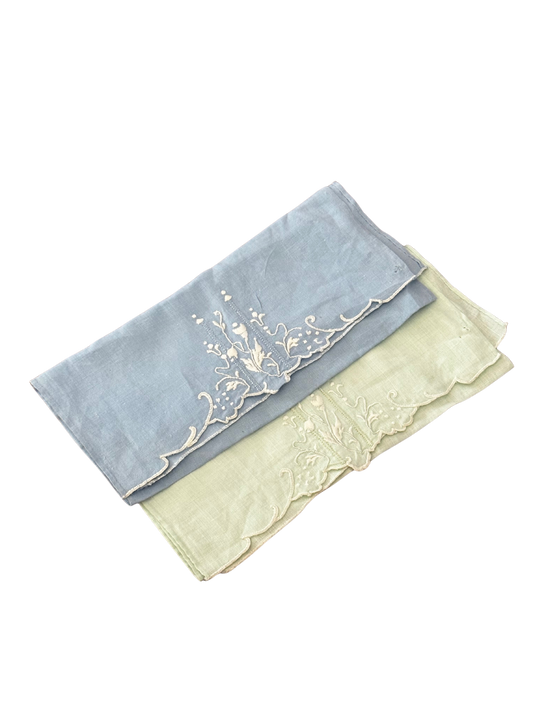 Pair of Blue and Green White Floral Embroidered Cocktail Napkins