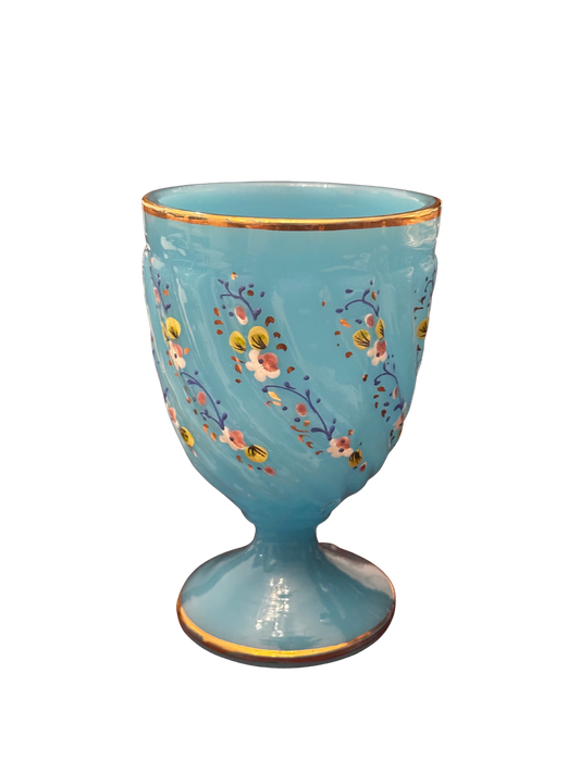 French Blue Opaline Painted Floral Goblet
