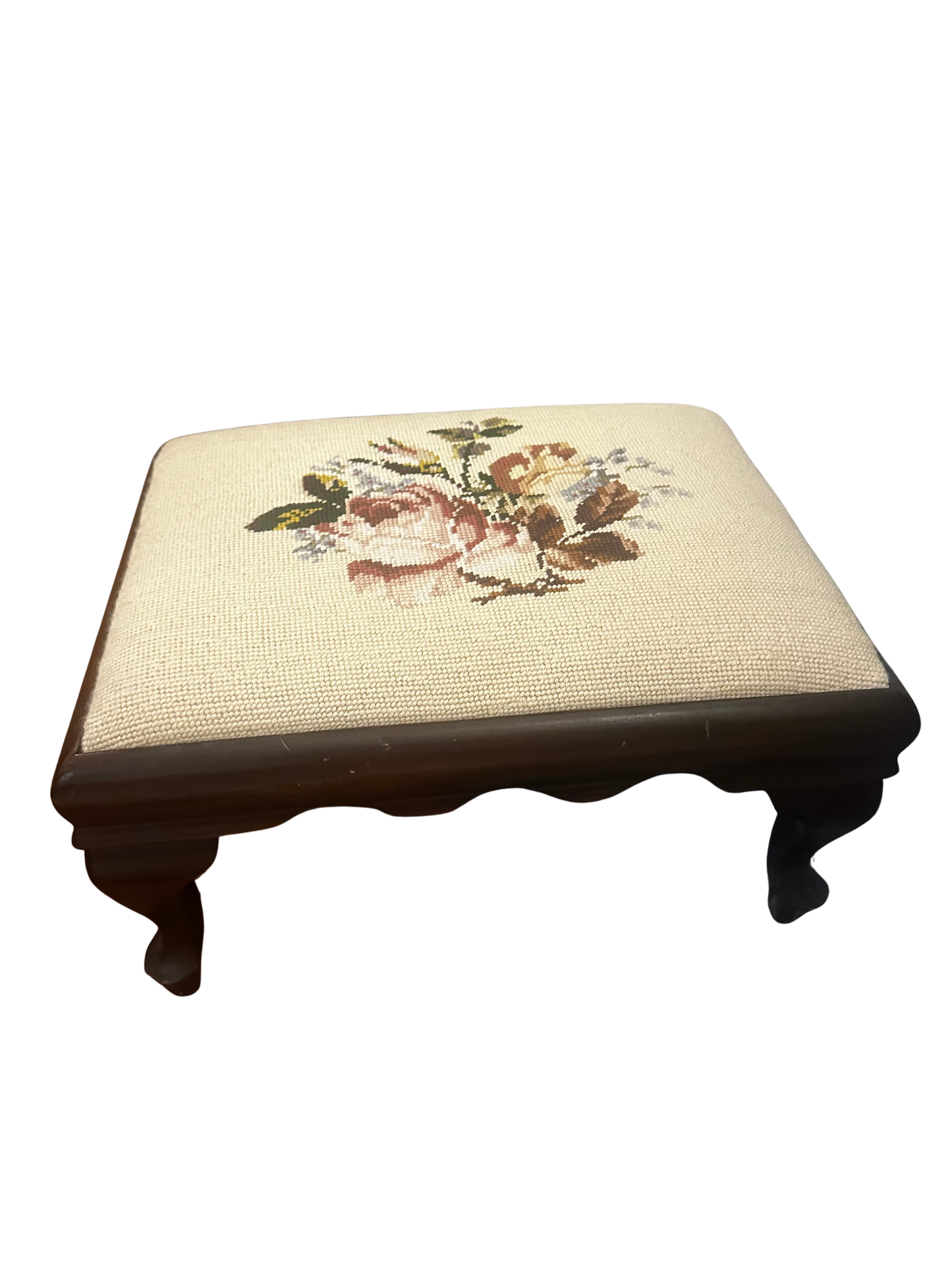 Vintage Floral Needlepoint Footstool with Cabriole Legs