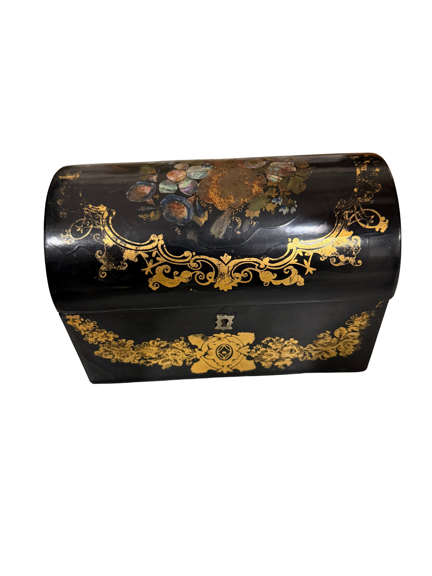 Victorian Lacquered Papier-Mâché Tea Caddy with Gilt Decoration and Hand-Painted Floral Lid