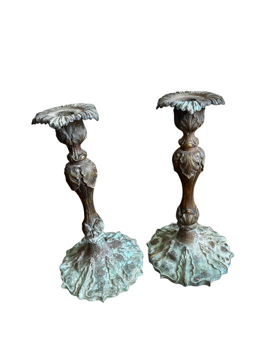 Late 19th / Early 20th C Art Nouveau Verdegris Bronze Candlesticks