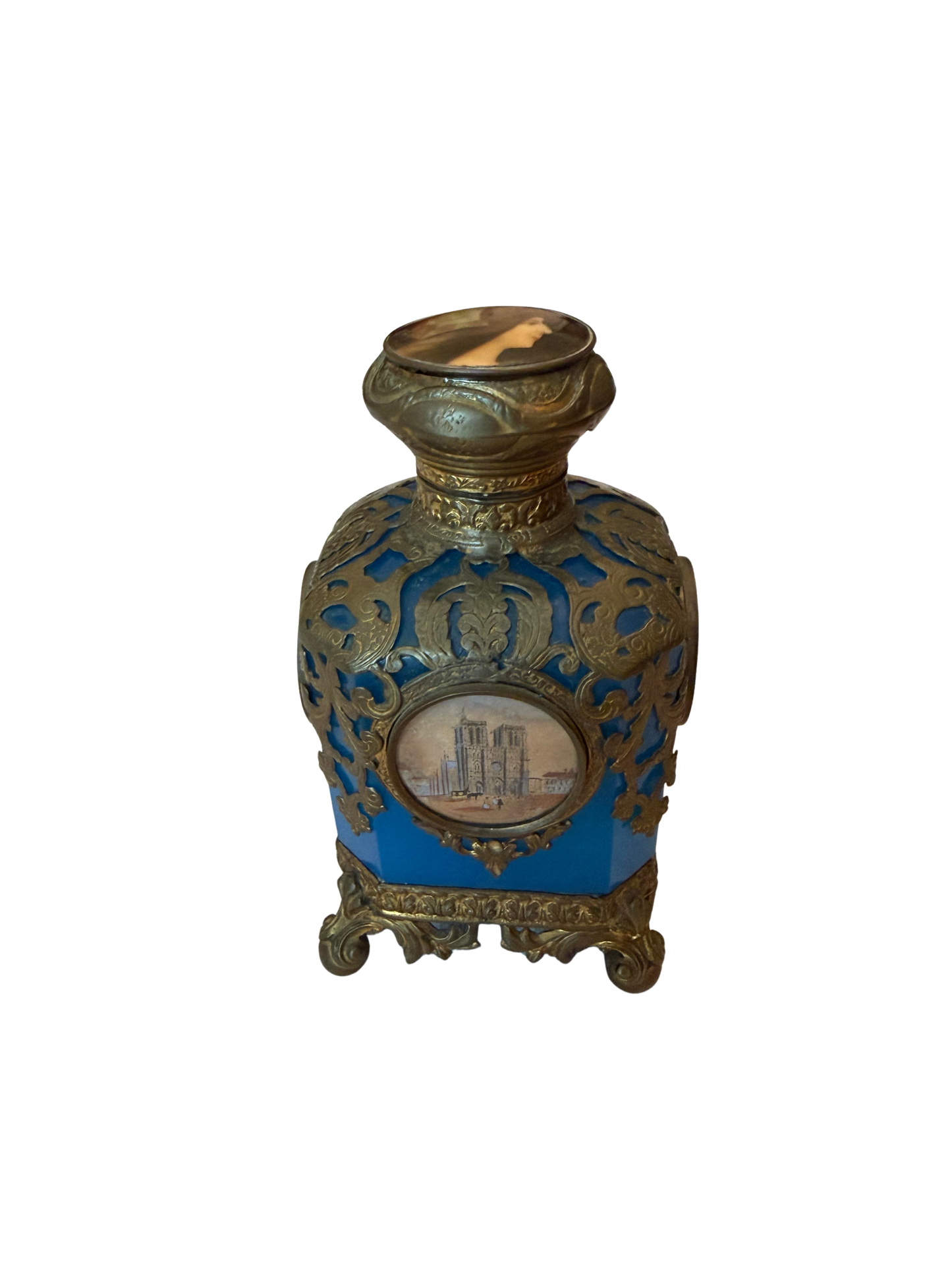 Blue Opaline Perfume Casket with Four Sides of France Monuments and Woman Portrait on Top