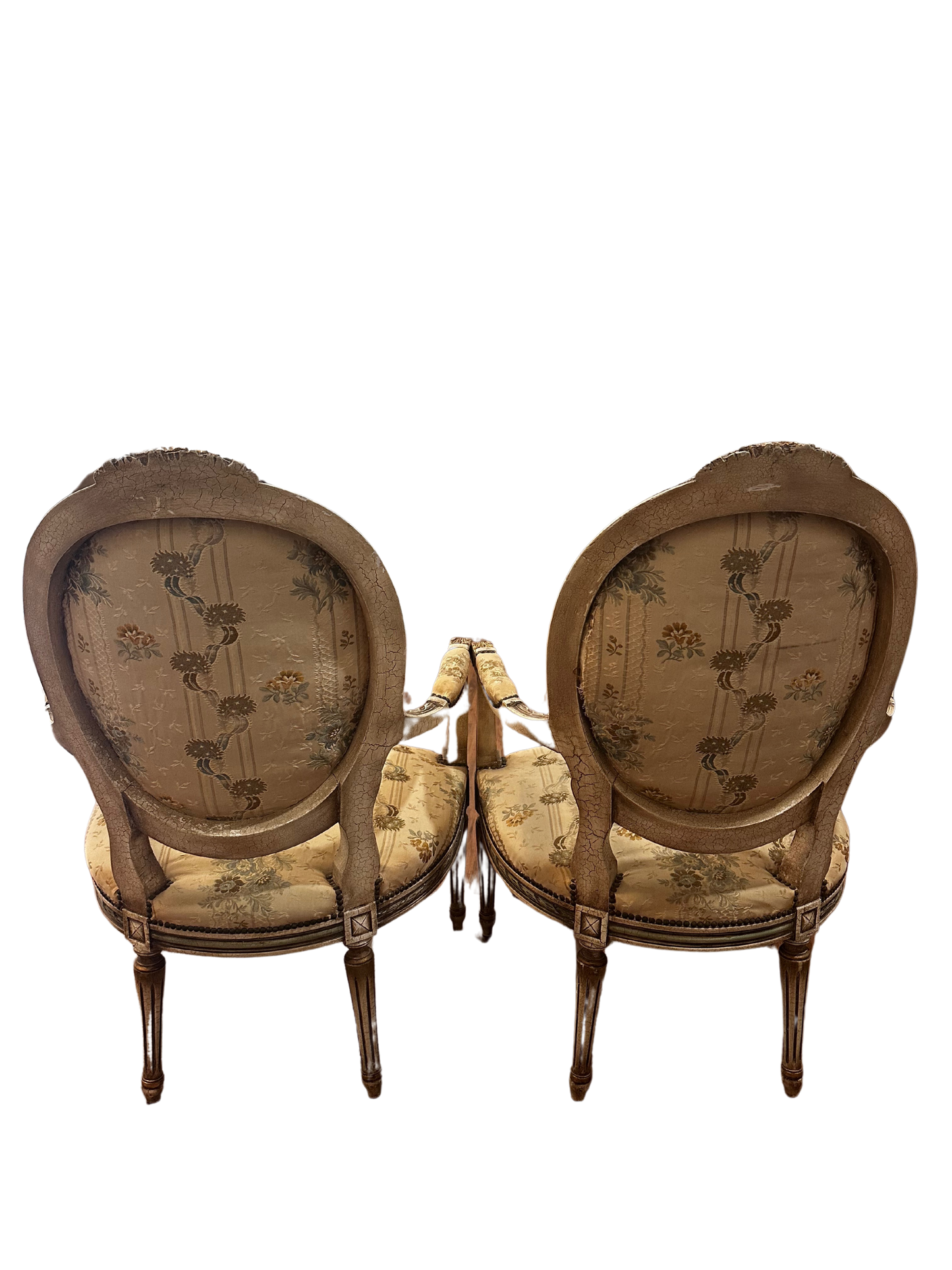 Early 20th C French Louis XVI Style Polychrome and Carved Fauteuils