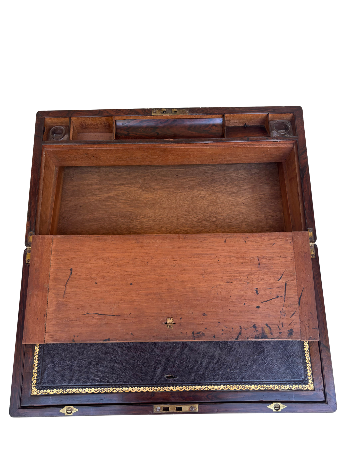 Antique Rosewood Campaign-Style Writing Slope with Brass Mounts and Inkwells