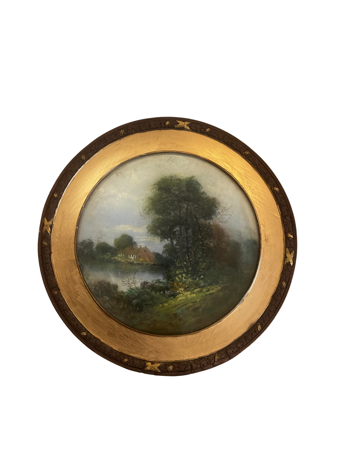 Signed Pastel Landscape Tondo with Cottage