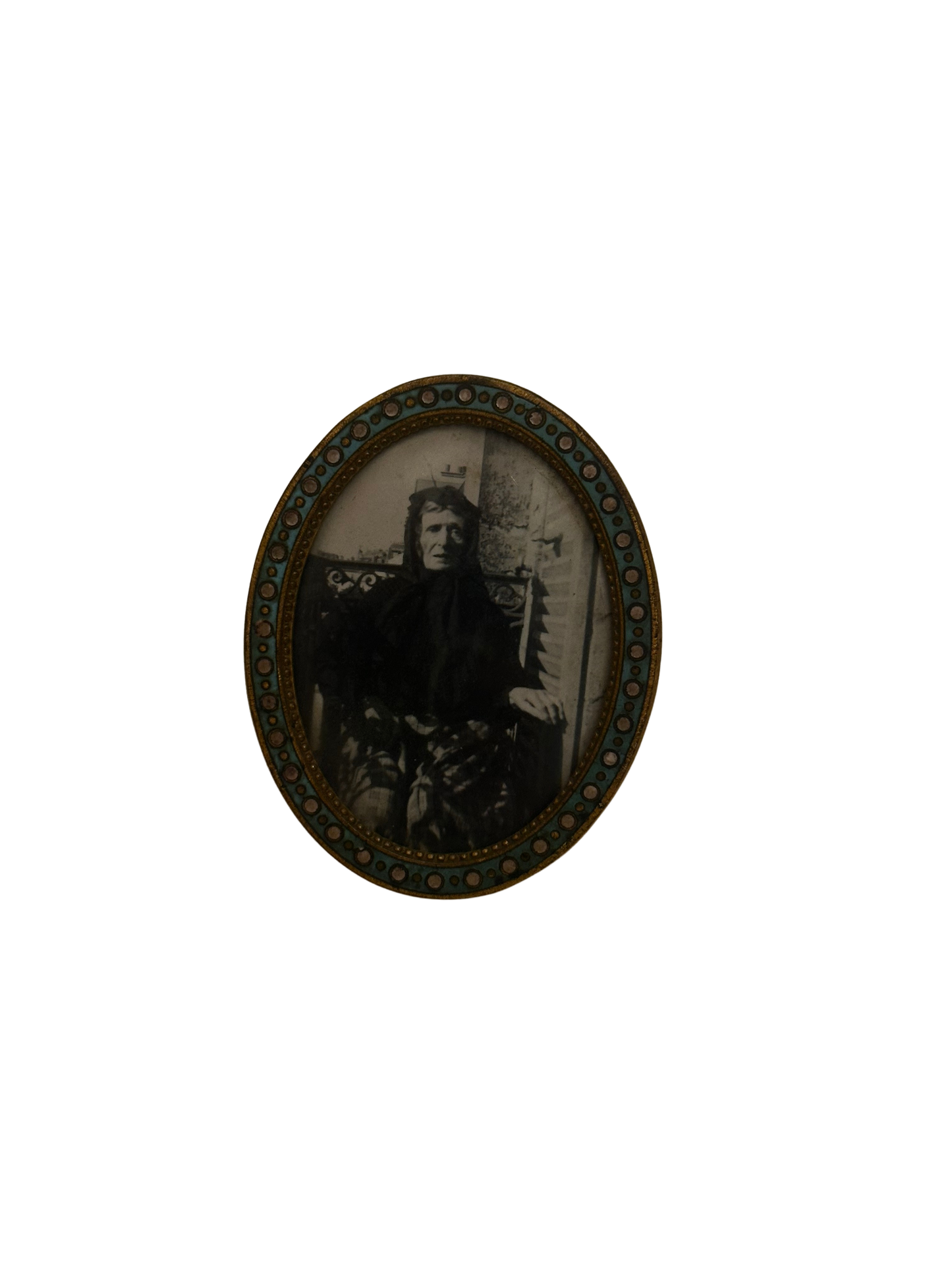 French Enamel and Mother-of-Pearl Miniature Oval Frame with Photograph