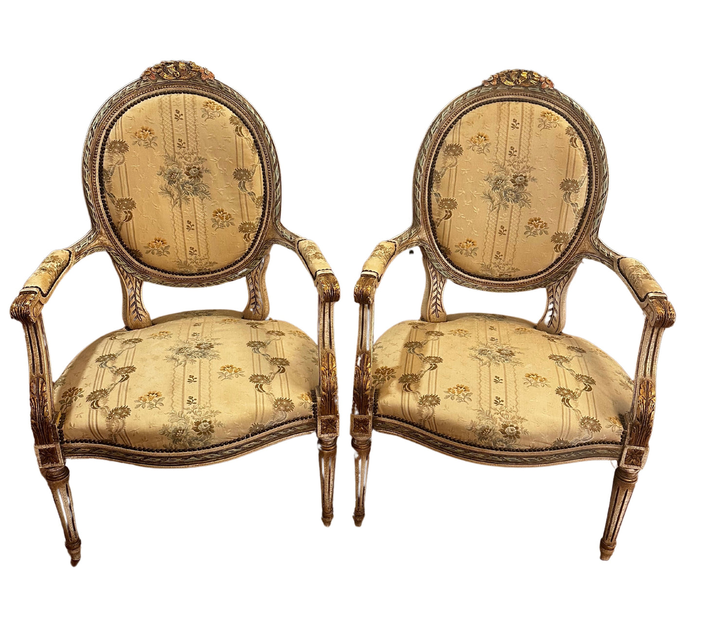 Early 20th C French Louis XVI Style Polychrome and Carved Fauteuils