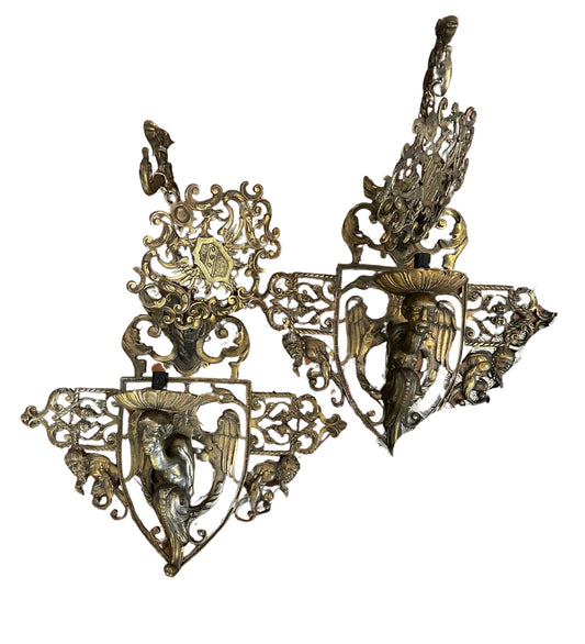 Pair of Heavily Ornate Brass Wall Sconces with Hanging Heraldry and Figures