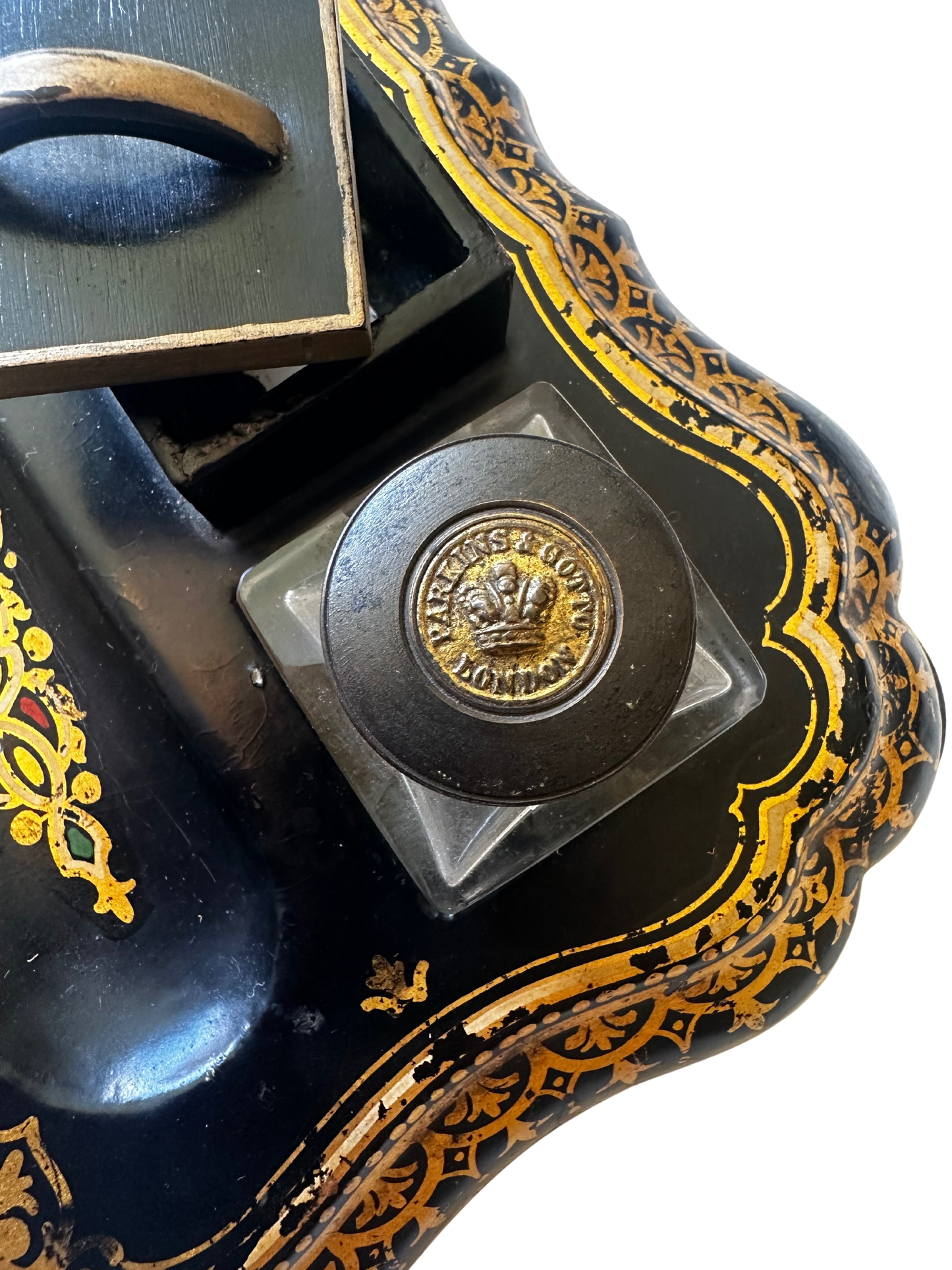 19th C Parkins & Gotto Black Lacquer Victorian Papier Mache Inkwell Set