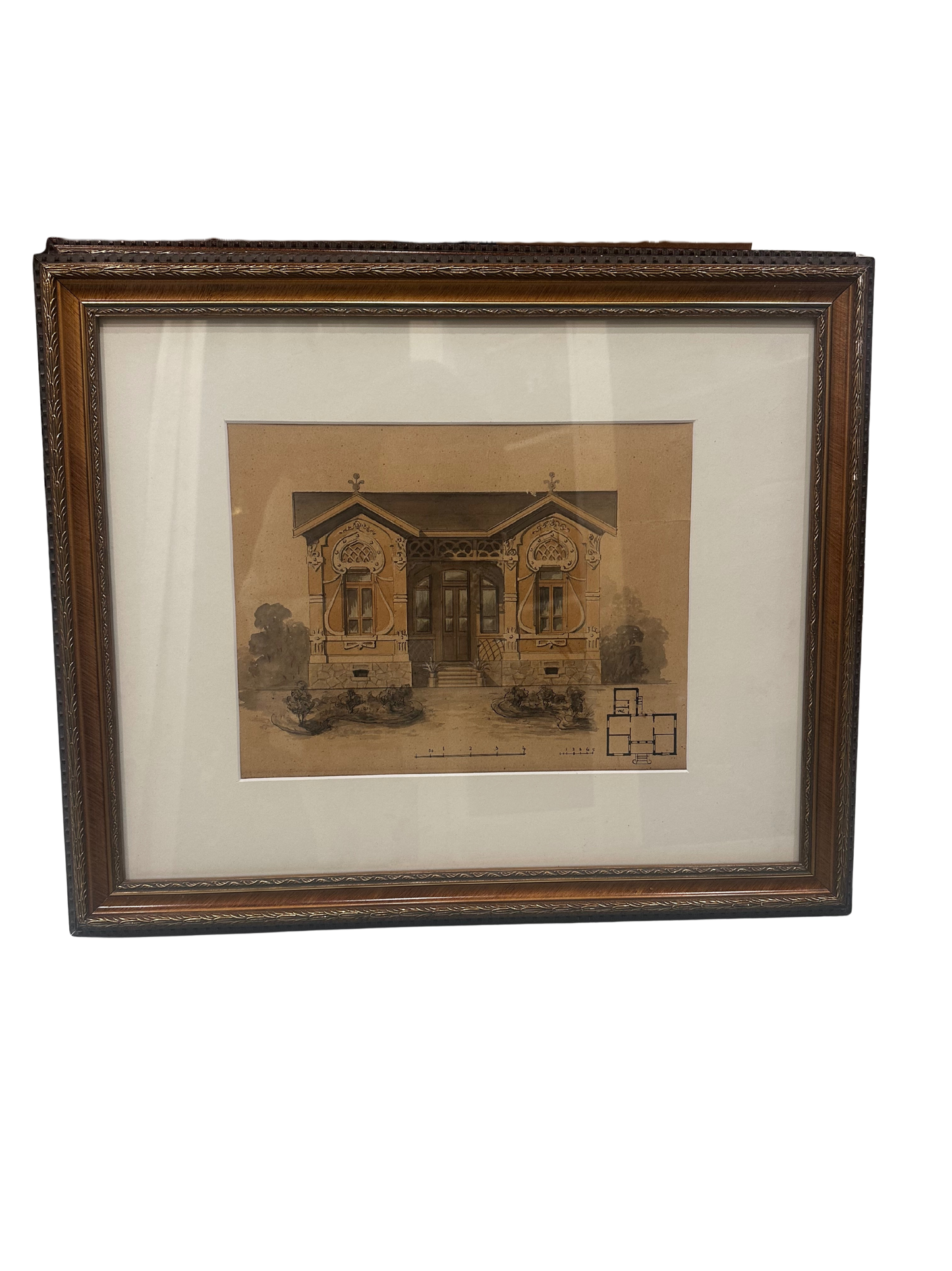 Late 19th C Architectural Watercolor and Ink Rendering with Floor Plan