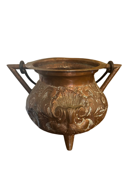 Late 19th/Early 20th C (1880-1910) Three Foot Floral and Scroll Embossed Copper Cauldron with Cast Iron Handle