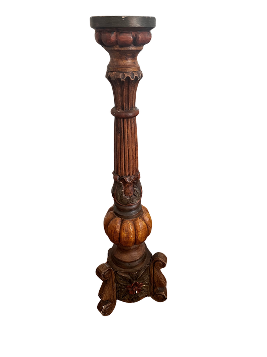 Antique Tall Hand Carved Wooden Pedestal with Polychrome Carved Floral Motif