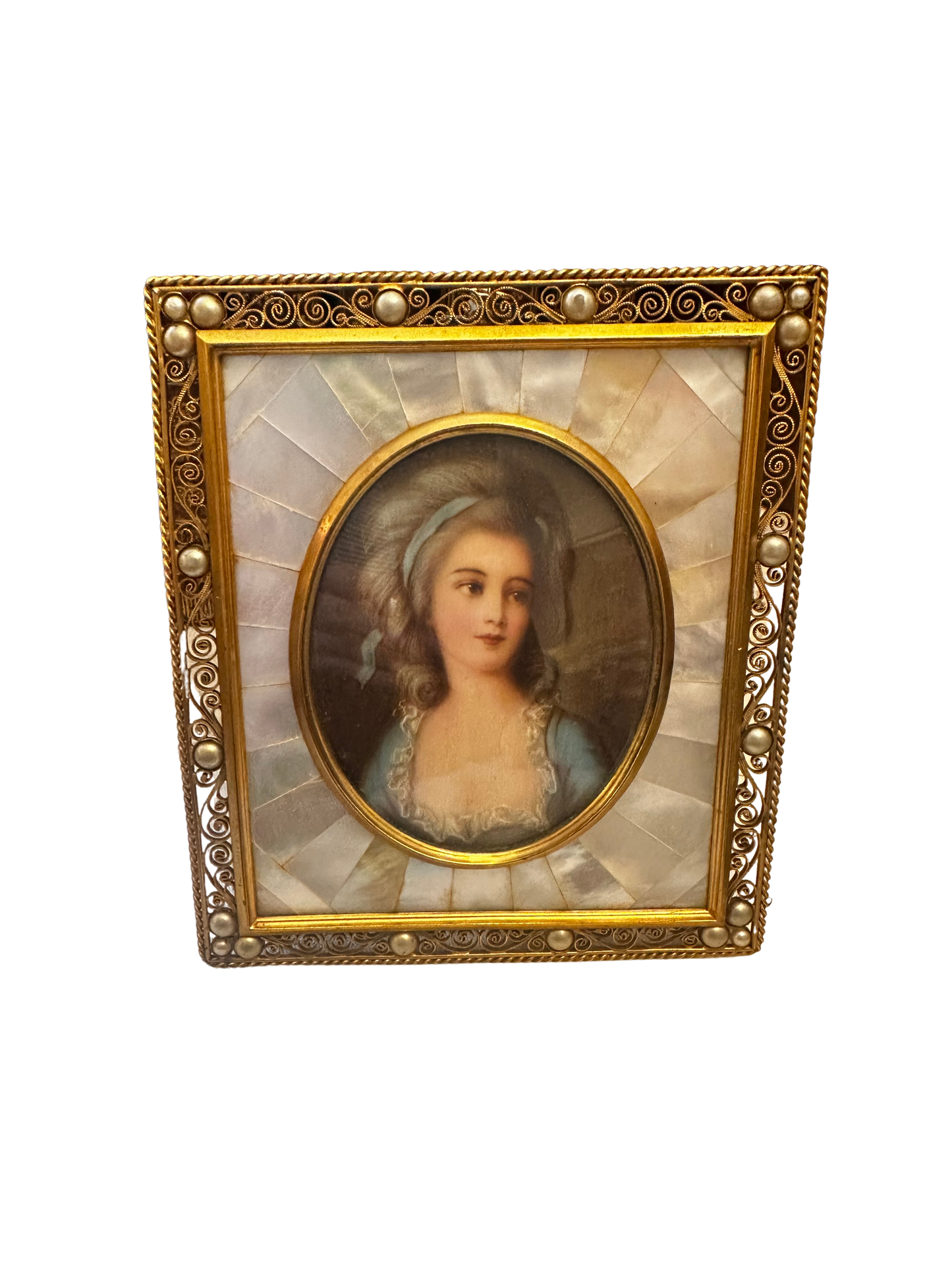 Signed Portrait Miniature of a Rococo Beauty in Mother-of-Pearl Filigree Frame (Countess Sophie)