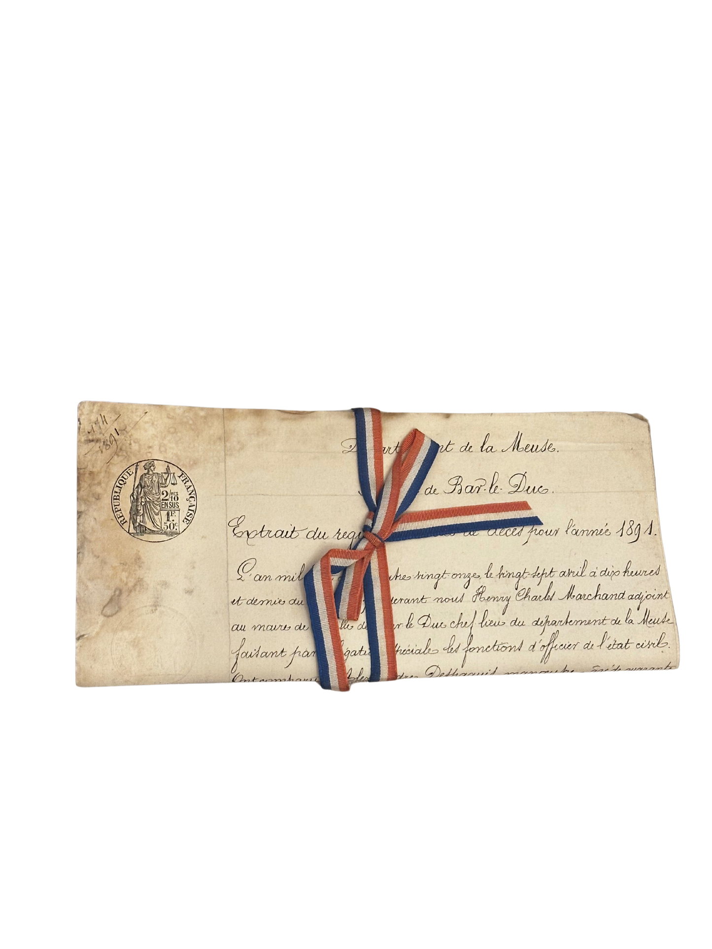 1891 Death Certificate and 1770 Notarial Contract (Transfer of Annuity) - Red, White and Blue Ribbon