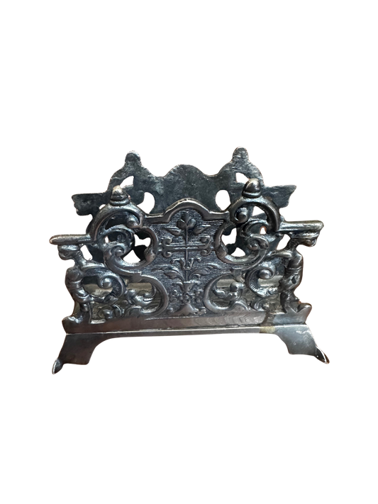 Mid Century Pewter Napkin Holder with Heraldic Shield