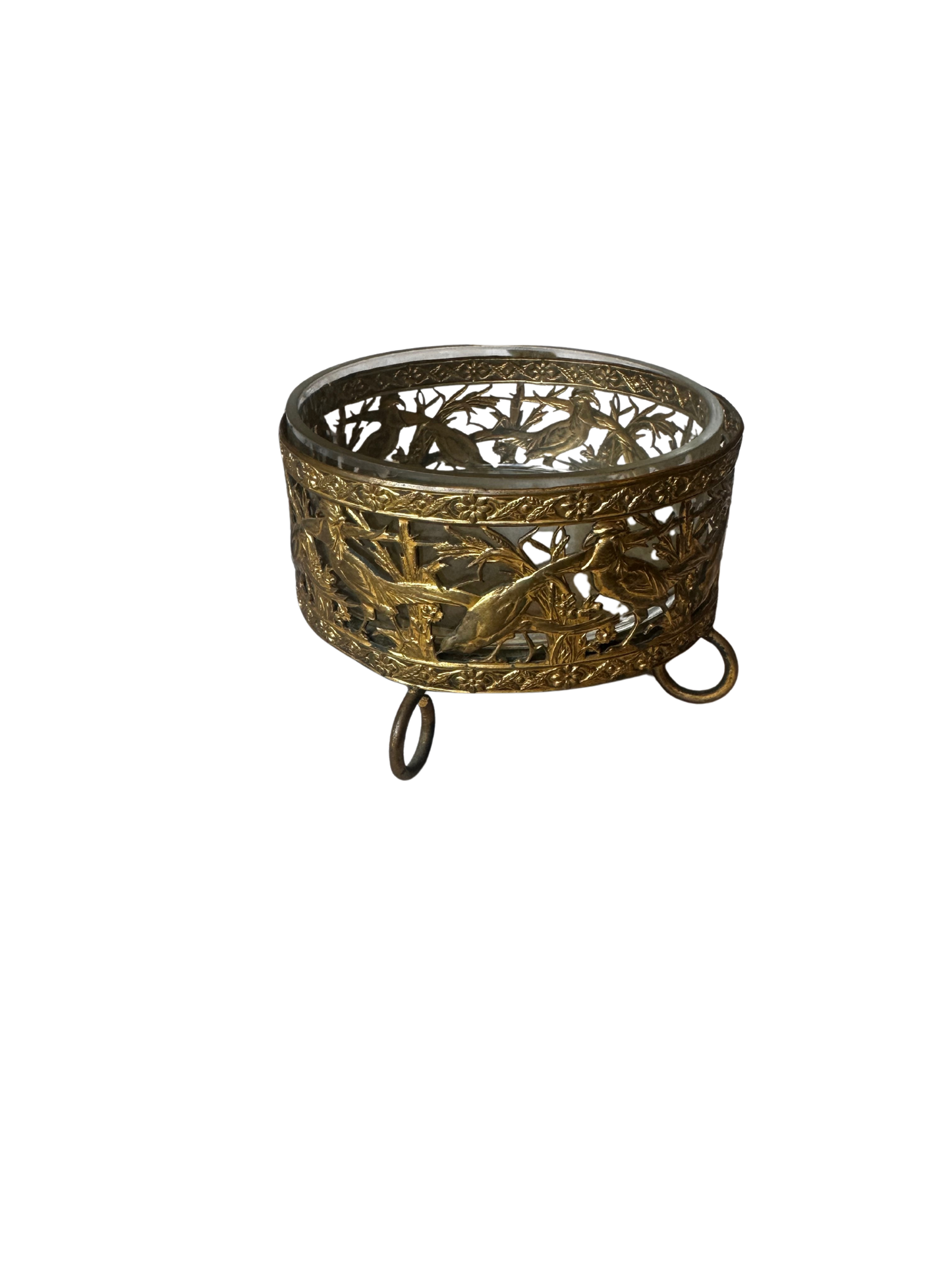 19th C Petite Ormolu and Glass Small Cache pot / Vanity Jar with Bird Motif