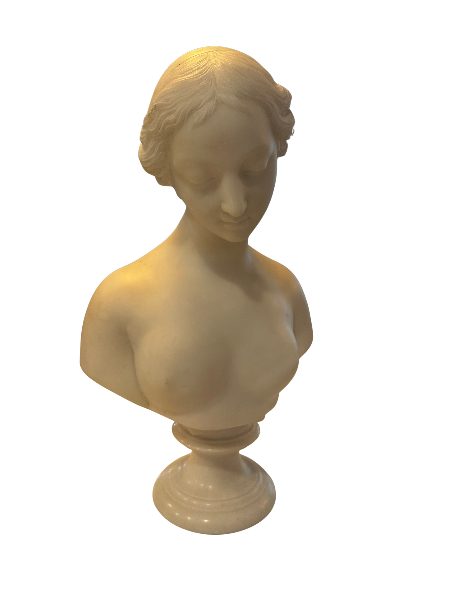 Signed “Pugi” Italian Alabaster Bust of a Young Woman on Marble Plinth
