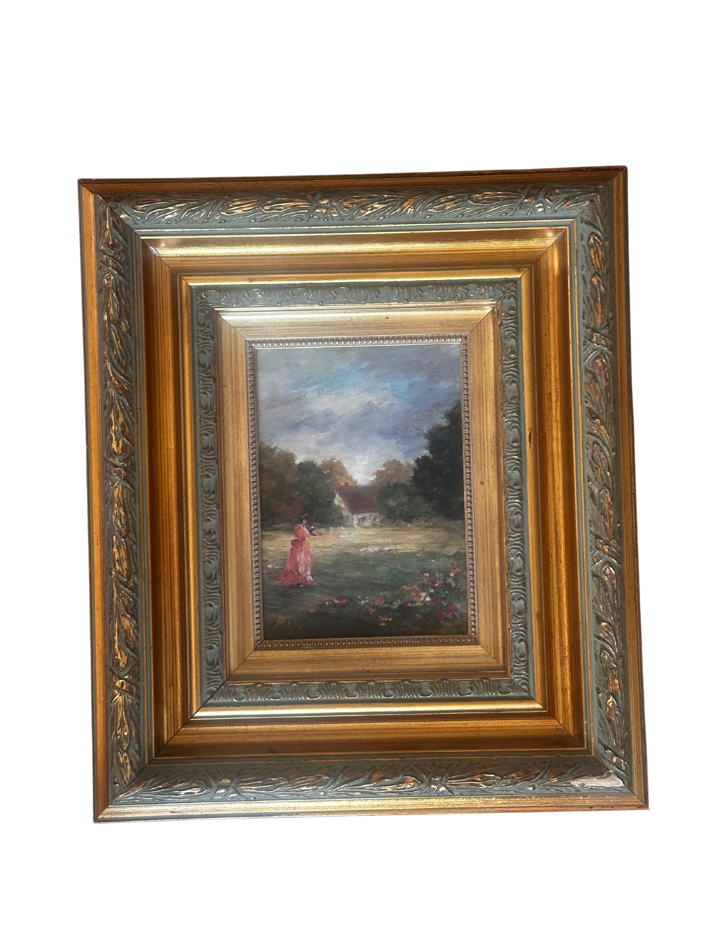 20th C Oil on Wood Panel of Pastoral Genre Scene with Woman and Cottage (Signed Katla)