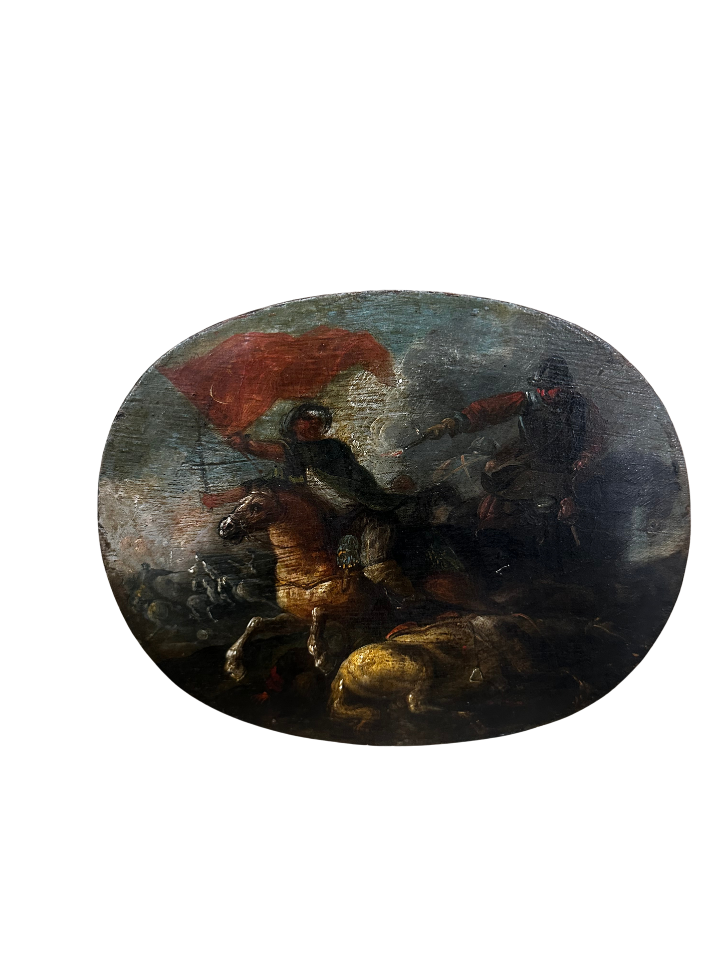 Antique 19th C Baroque-Style Cavalry Battle Oil Painting on Oval Panel