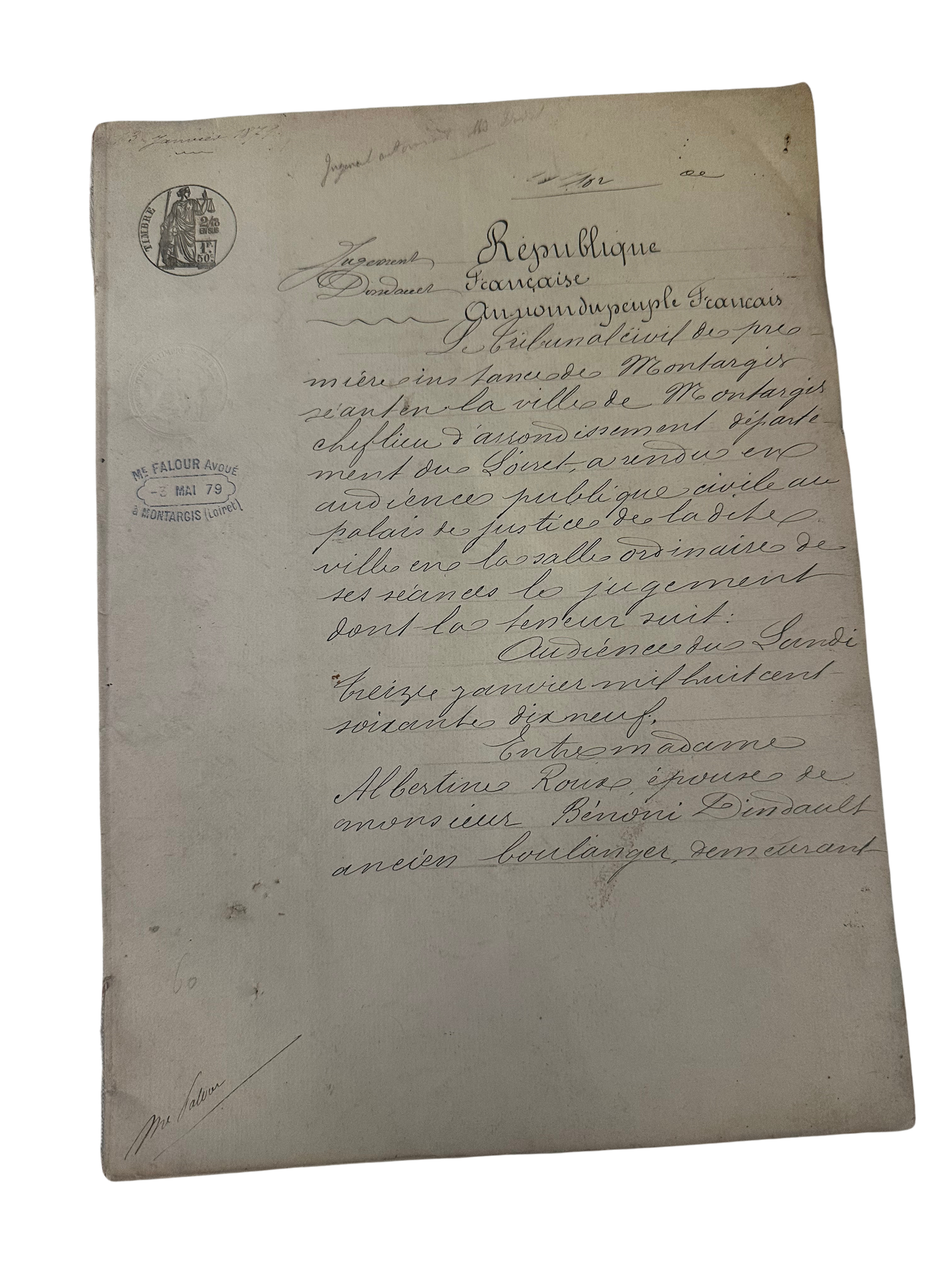 1879 French Judicial Manuscript Concerning Separation of Marriage (“Séparation de Corps”) – Montargis Civil Court Domestic Abuse & Abandonment Case