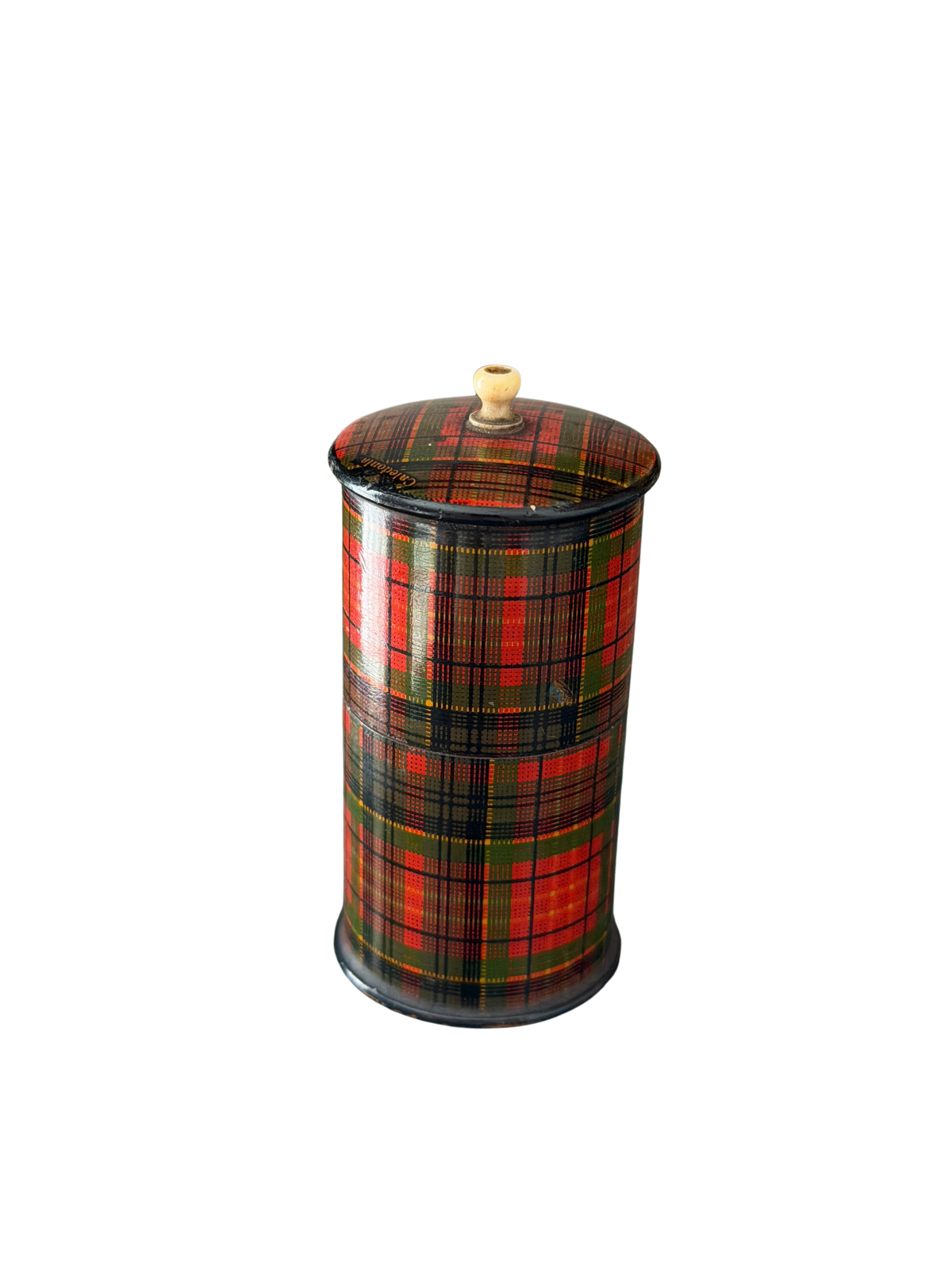 Antique Mauchline Ware Tartan Ware Cylindrical Pin Case / Needle Case, Caledonia Tartan, with Bone Finial