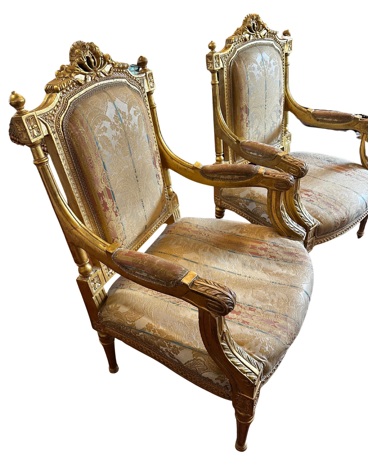 Two Fine French Louis XVI Style Silk-Upholstered Armchairs