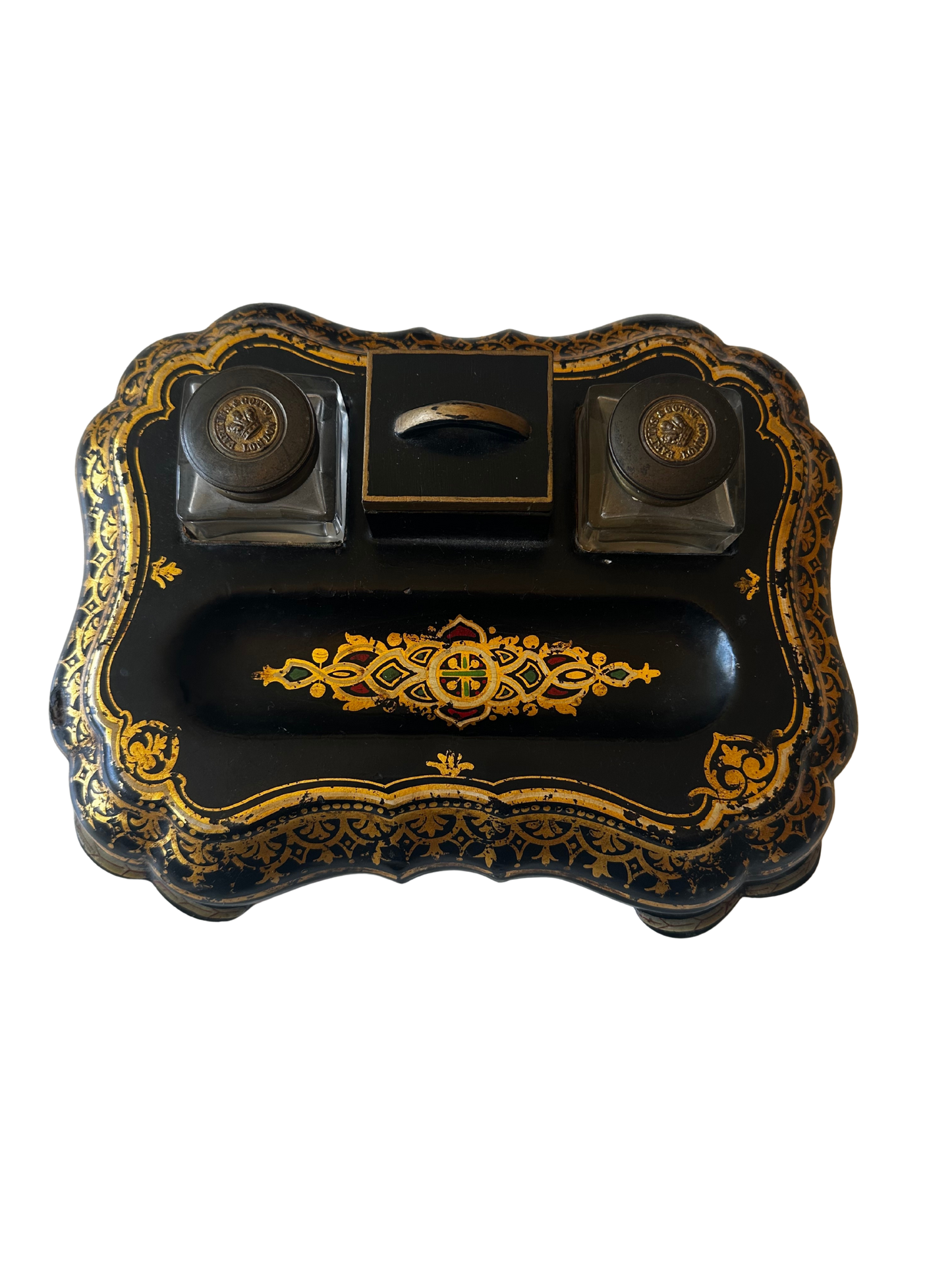 19th C Parkins & Gotto Black Lacquer Victorian Papier Mache Inkwell Set