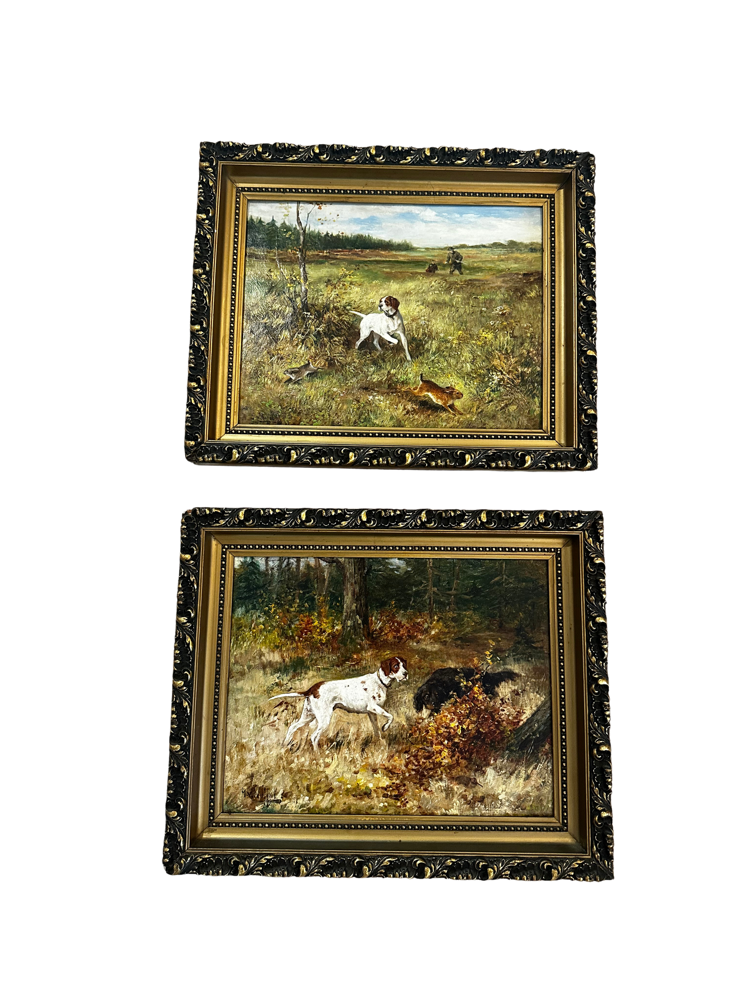 Pair of Late 19th C Belgian Sporting Oil Paintings of Hunting Dogs and Game, Signed G. Van Nuffel
