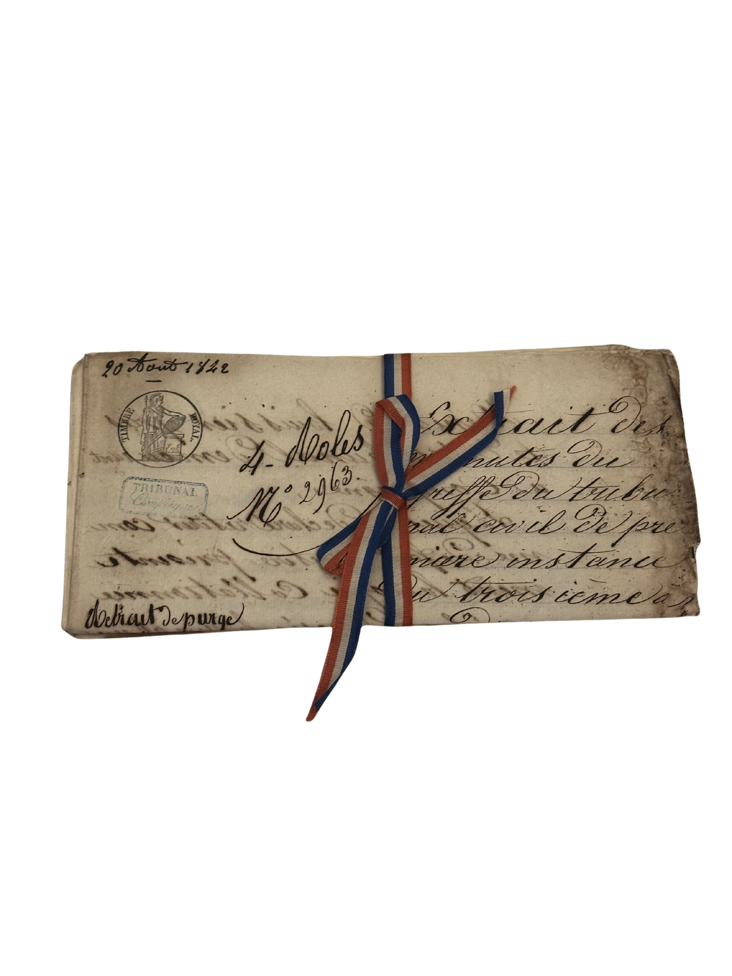 19th C French Notarized Legal Extract (1842) - Red, White and Blue Ribbon