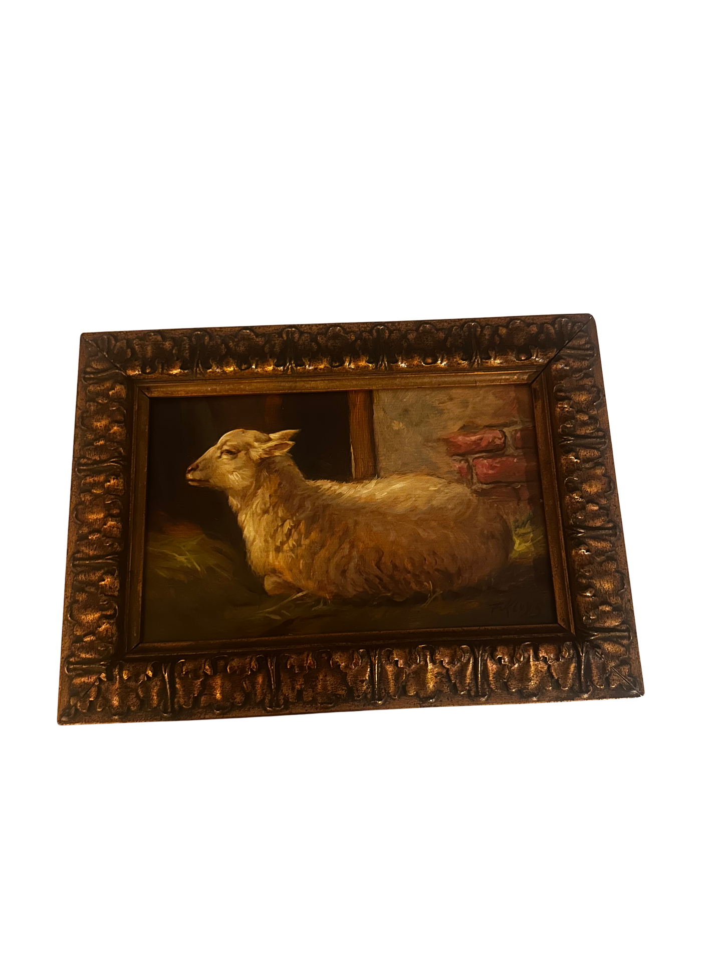 Late 19th Century Lamb in Stable, Oil on Beveled Wood Panel, Signed F. Kluys