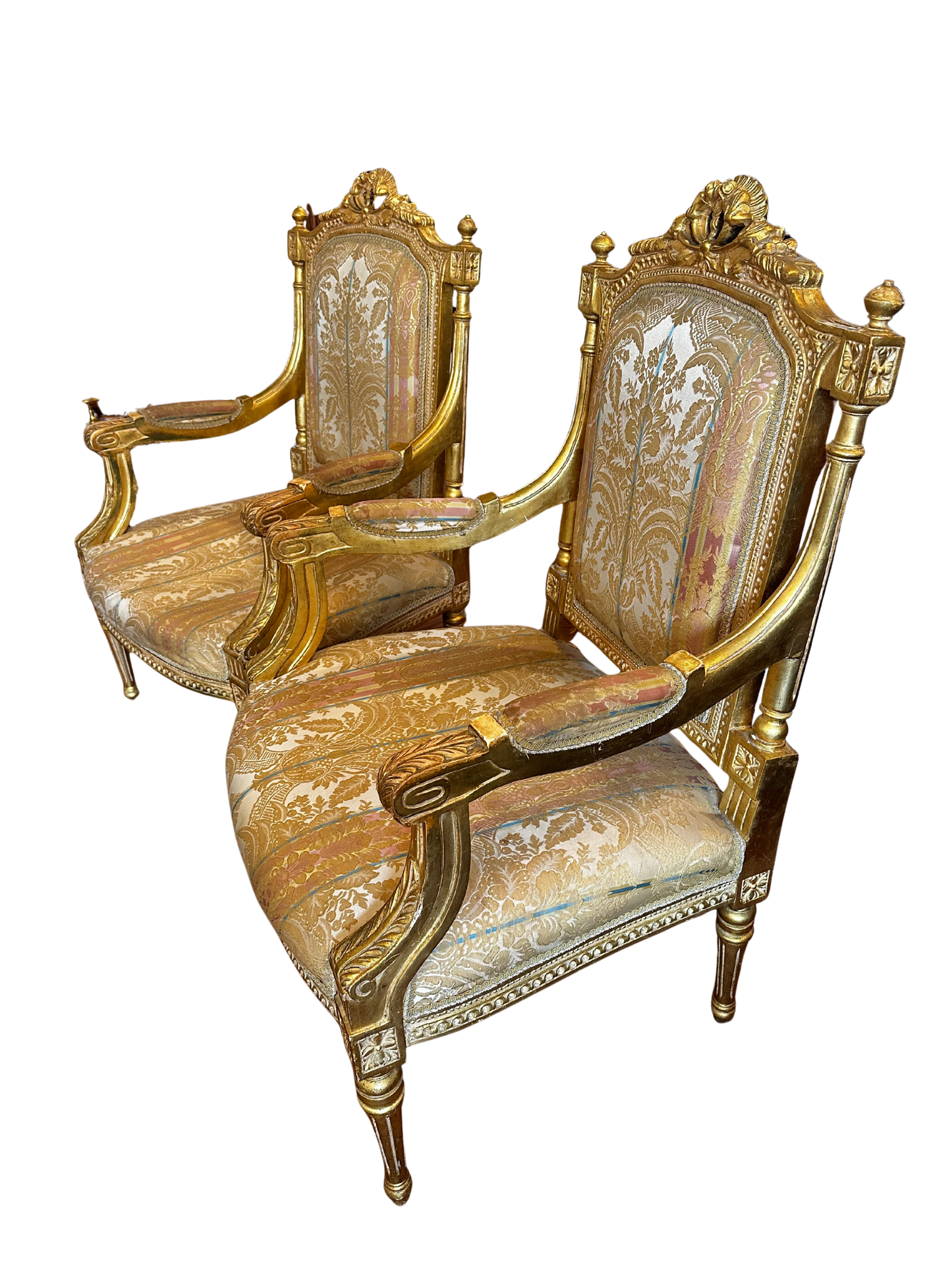 Two Fine French Louis XVI Style Silk-Upholstered Armchairs