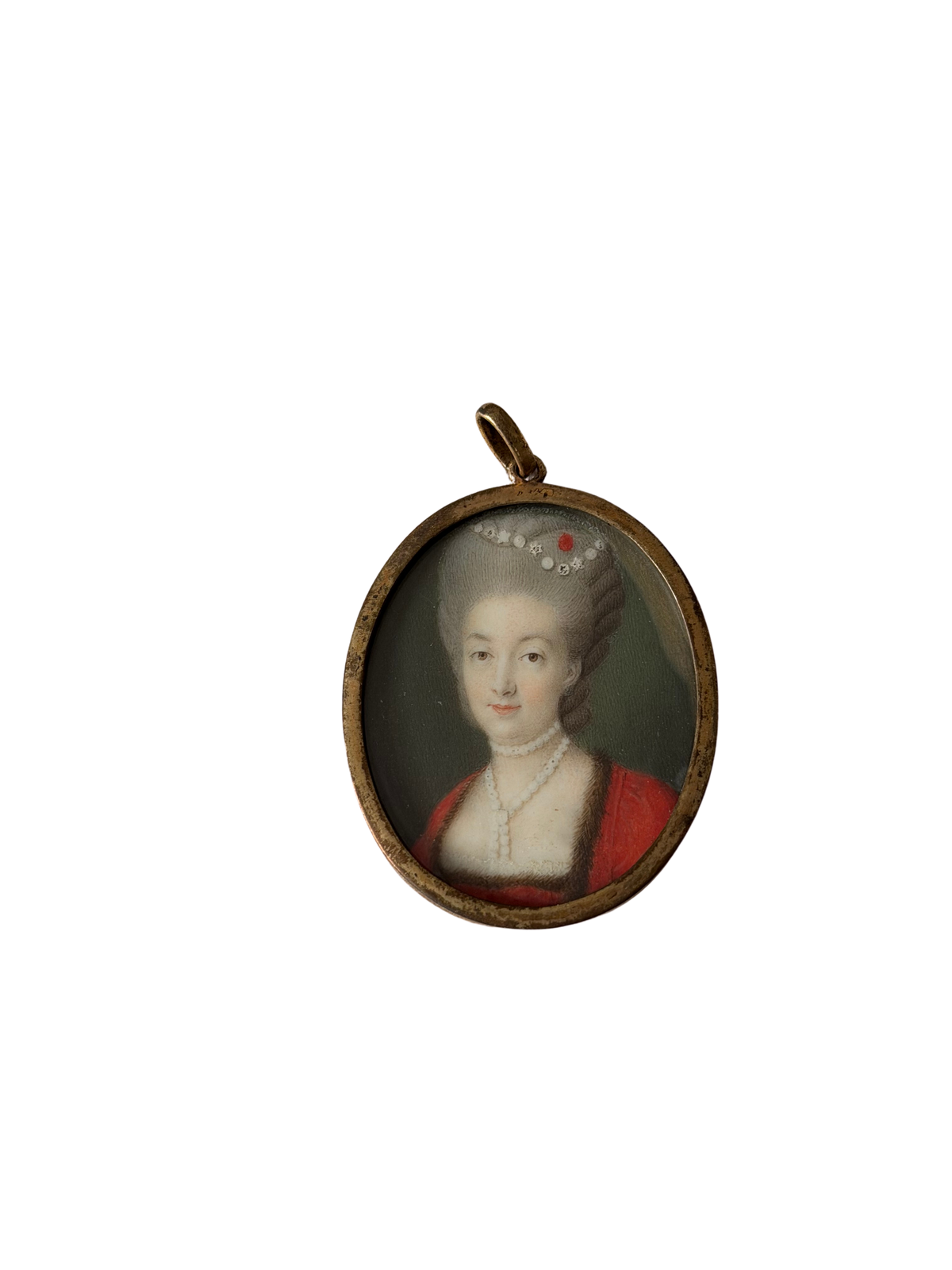 Antique French School Portrait Miniature of an Aristocratic Lady in Red, Possibly Marie Antoinette, 19th Century