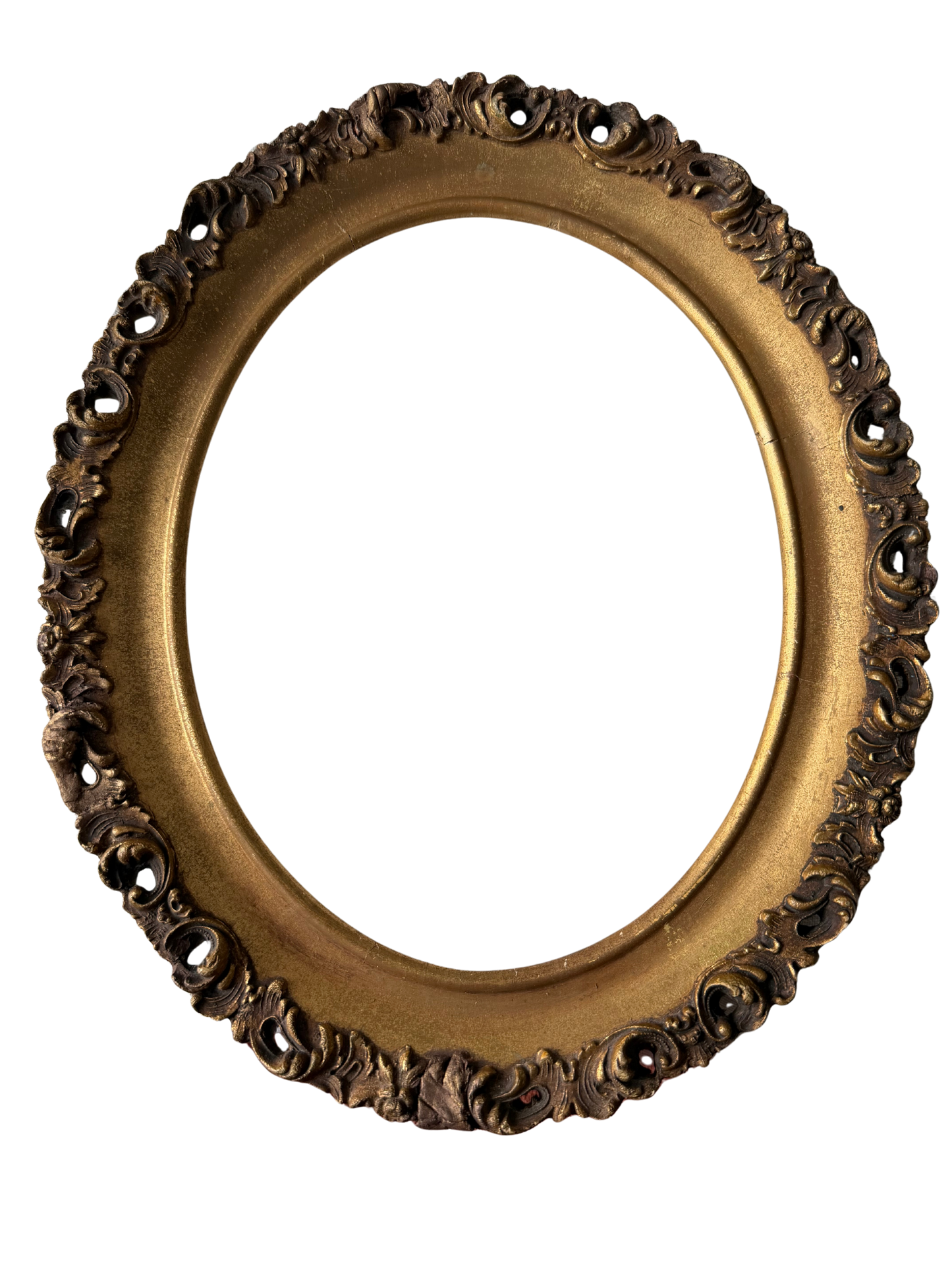 Vintage Oval Giltwood and Composition Picture Frame with Pierced Rococo-Style Scrollwork