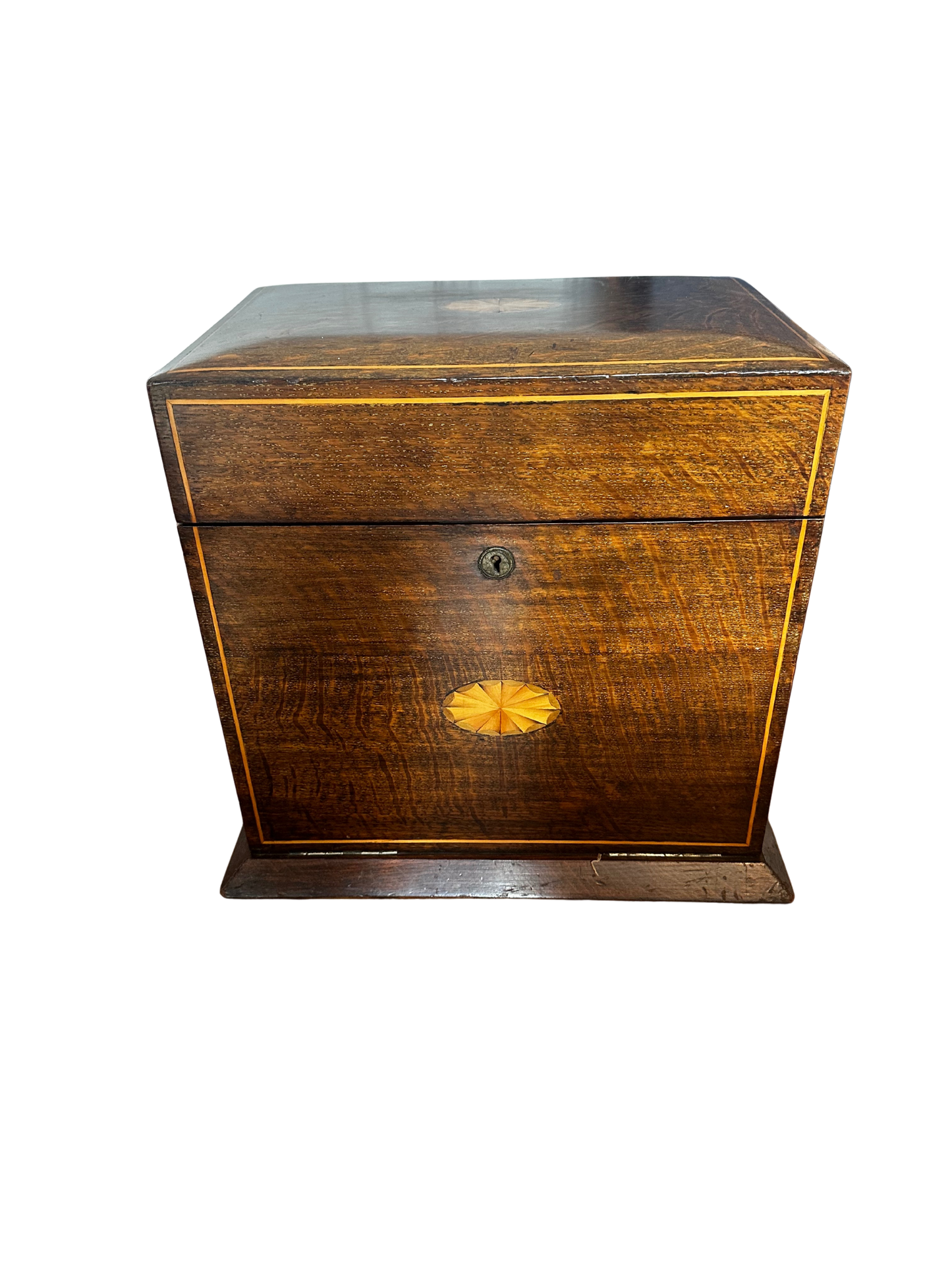 English Edwardian Tiger Oak Marquetry Tantalus and Games Compendium