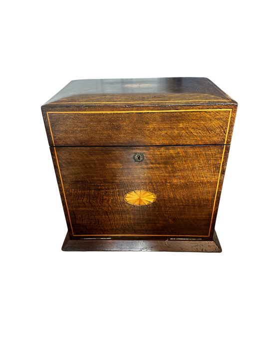 English Edwardian Tiger Oak Marquetry Tantalus and Games Compendium