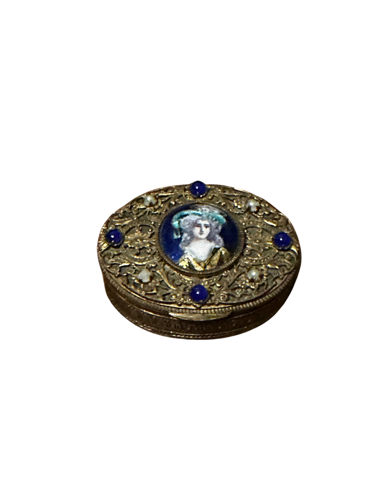 Antique Enamel and Ormolu Portrait Pill Box with Cabochon Jewels