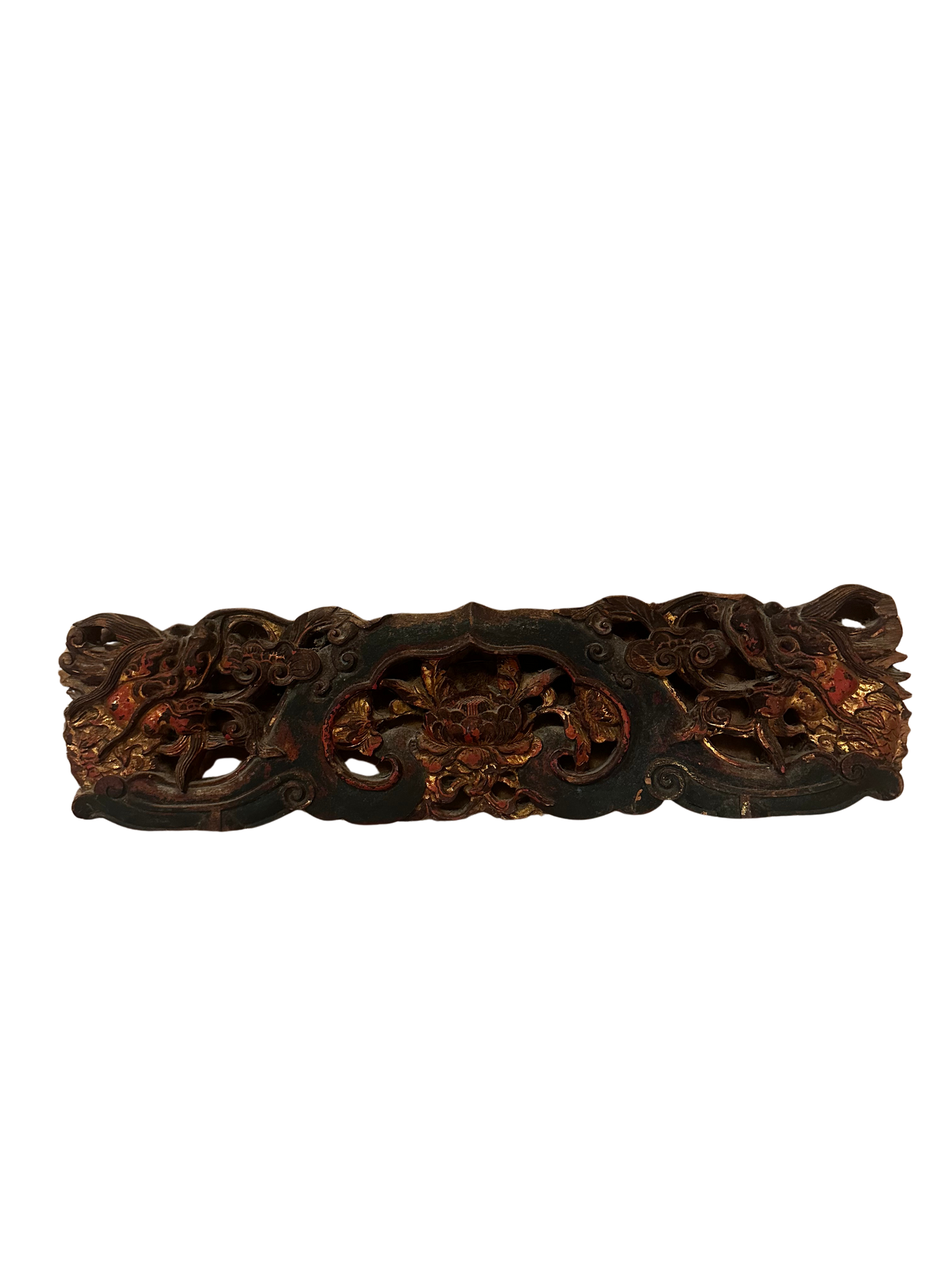 Polychrome Gilt-Carved Asian Dragon and Lotus Crest Fragment