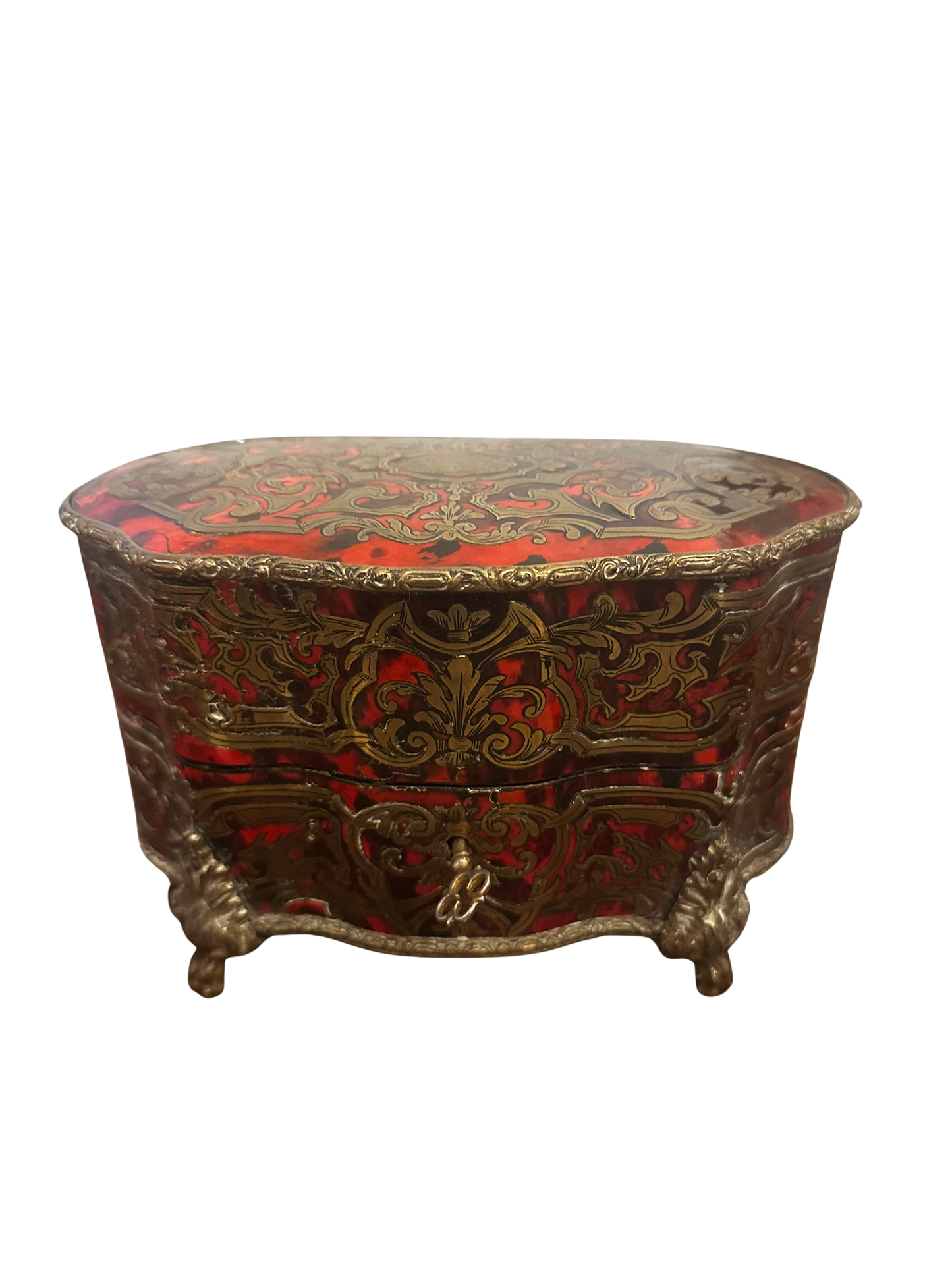 Napoleon III French Boulle-Style Jewelry Casket with Tortoiseshell-Effect Ground and Working Key