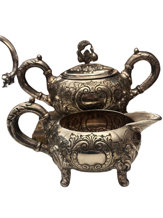 Vintage Hand Chased Silverplate Sugar Bowl with Lid and Matching Creamer