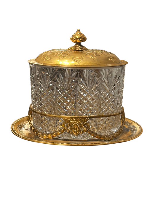Late 19th C English Gilt Metal Mounted Cut Crystal Biscuit Barrel (Some plating loss)