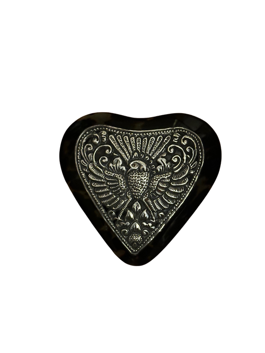 19th C Faux Tortoiseshell and Silverplate Heart Trinket Box with Bird Motif