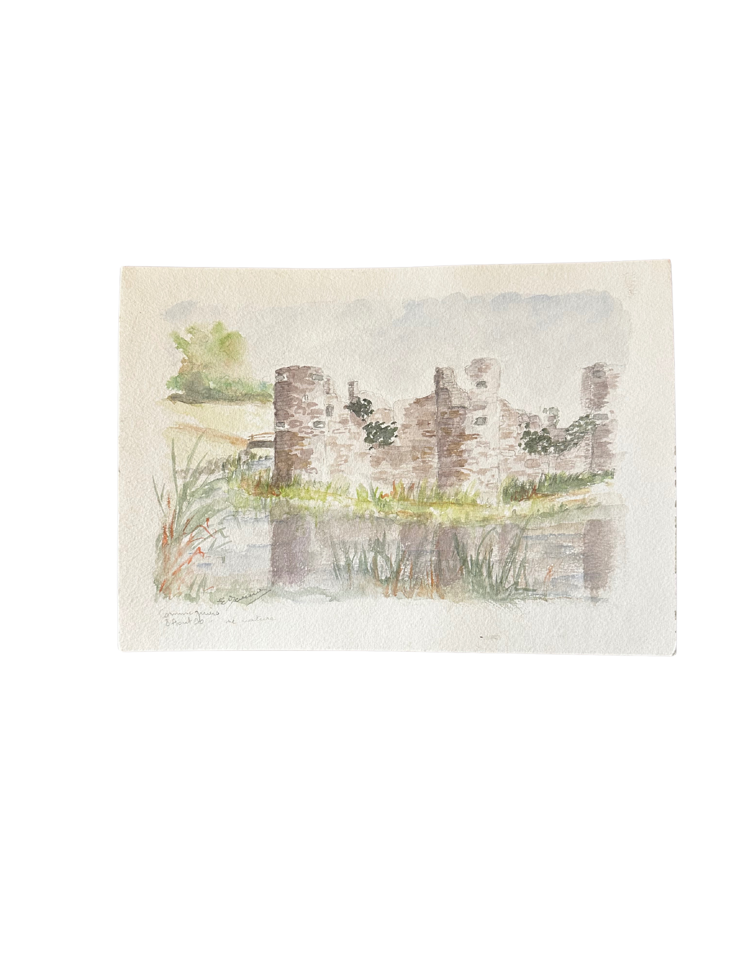 Watercolor on Paper of Chateau de Commequiers (I) (Signed by French Regional Artist Evelyne Devisme; 1990)