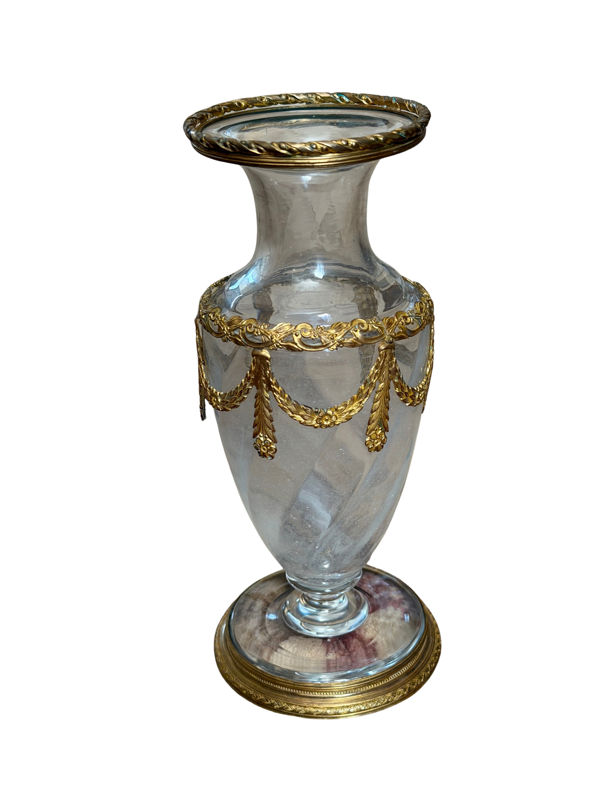 19th Century French Clear Crystal Vase with Gilt Bronze Garland Mounts, c. 1870–1890
