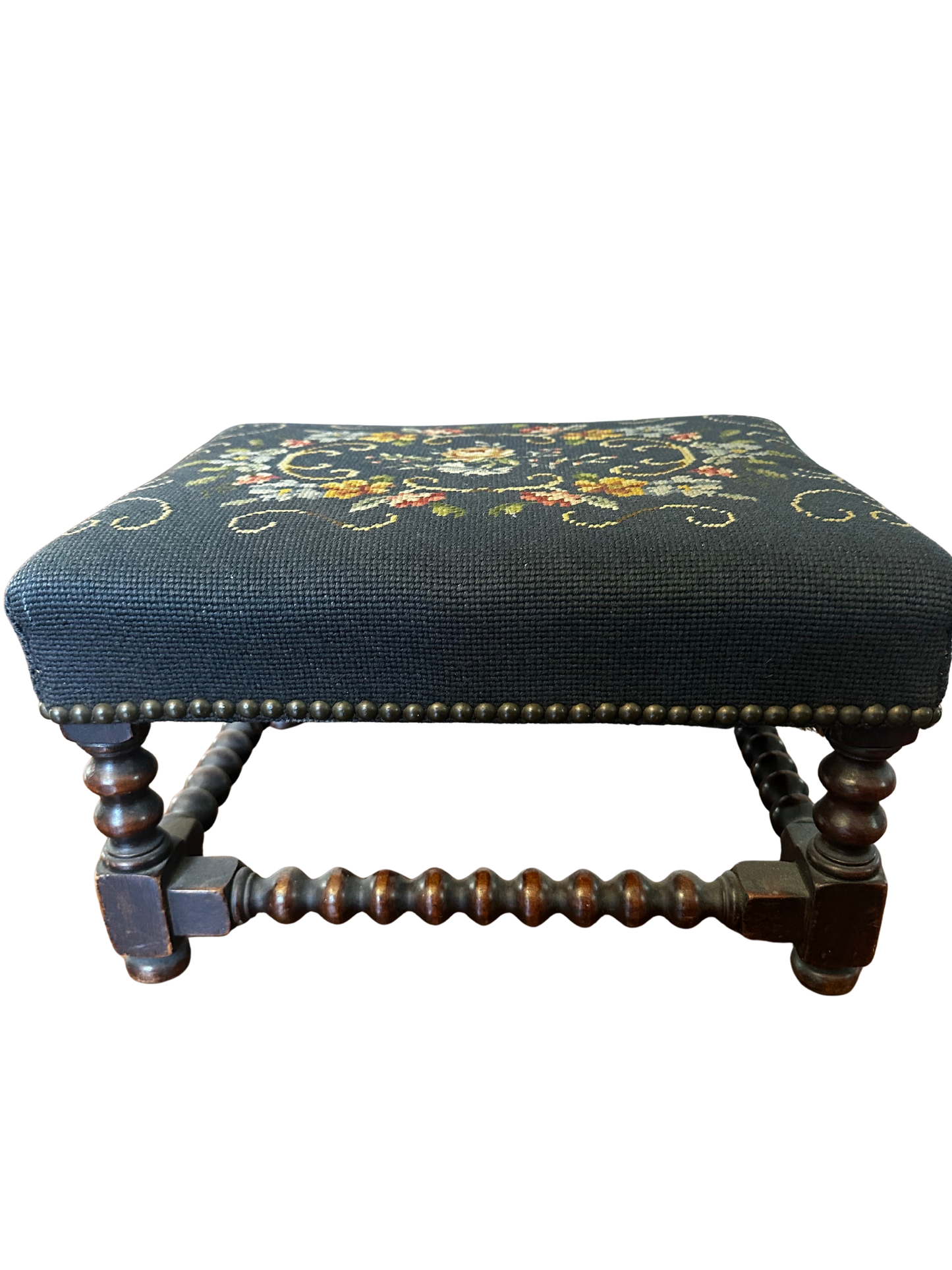 Blue Floral Needlepoint Stool with Dark Brown Legs
