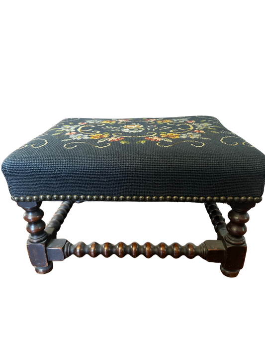 Blue Floral Needlepoint Stool with Dark Brown Legs