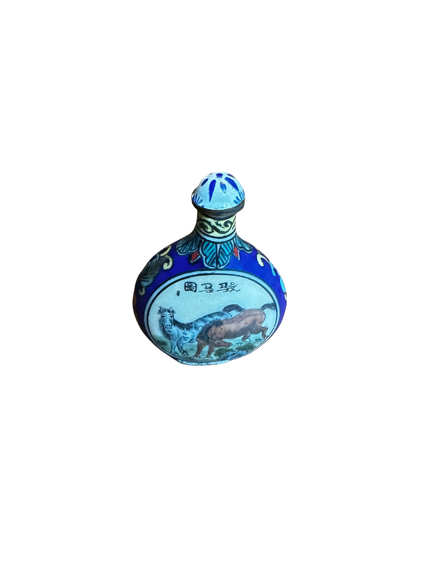 Blue Enamel Asian Snuff Bottle with Cat and Horses