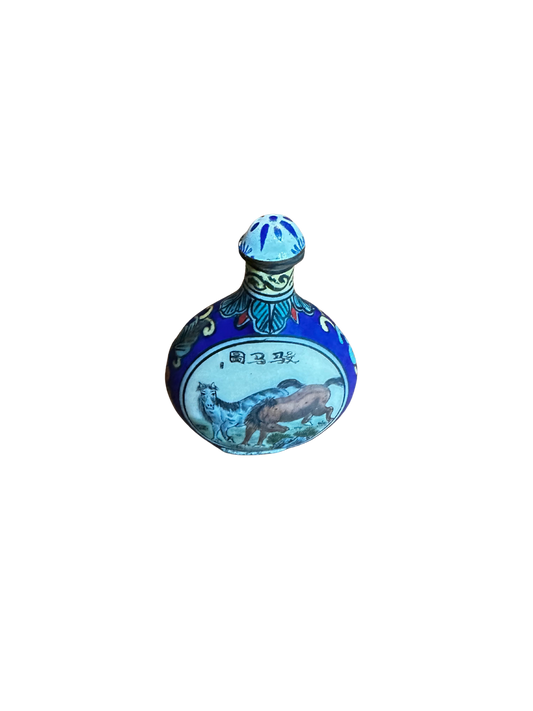 Blue Enamel Asian Snuff Bottle with Cat and Horses