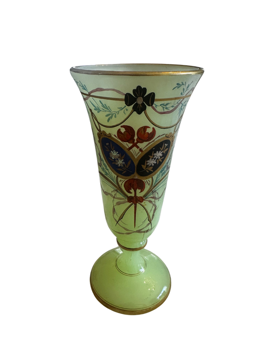 Mid-19th C Uranium Green Harrach Vase with Heraldic and Floral Motifs
